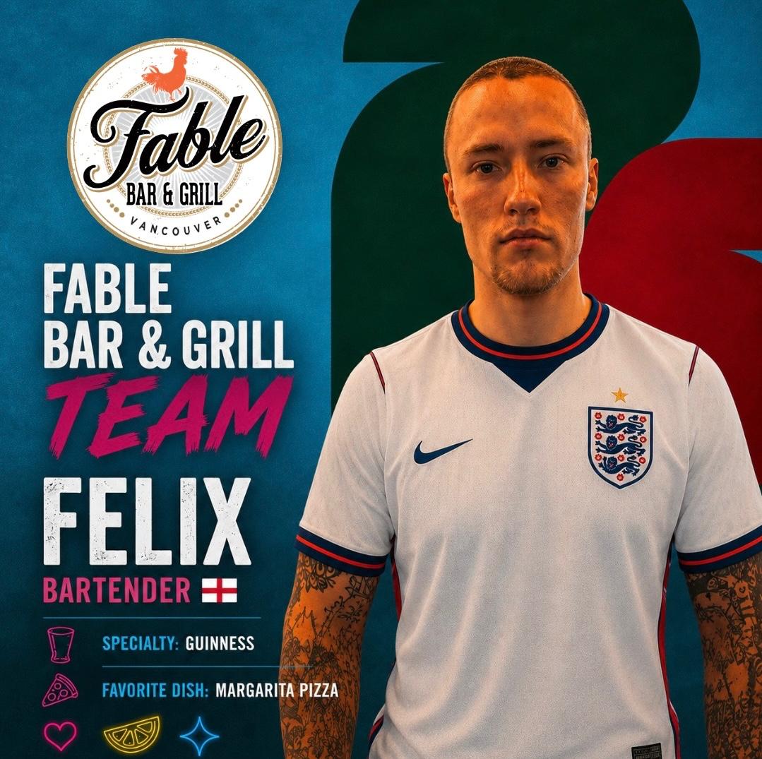 Felix, bartender at Fable Bar and Grill, wearing an England jersey