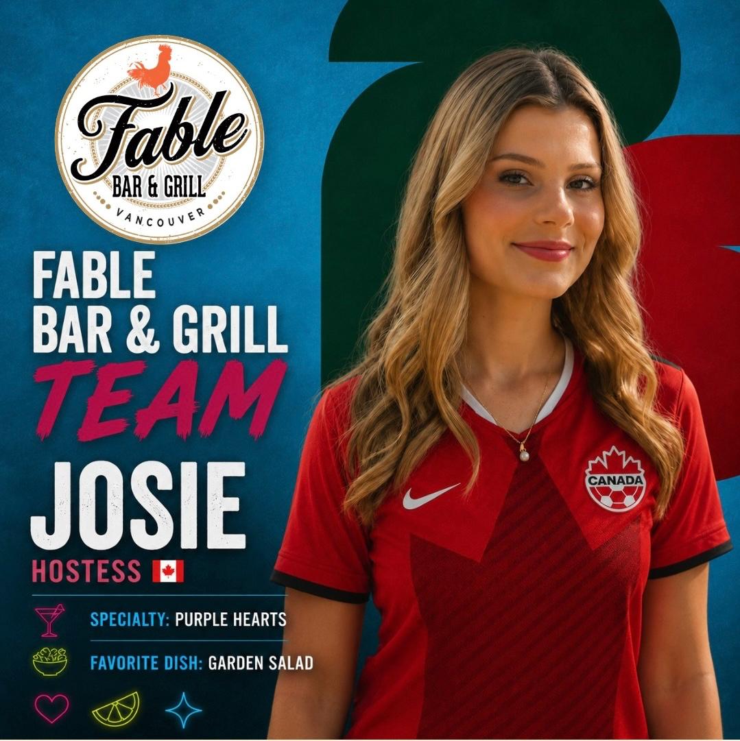 Josie, hostess at Fable Bar and Grill, wearing a Canada jersey