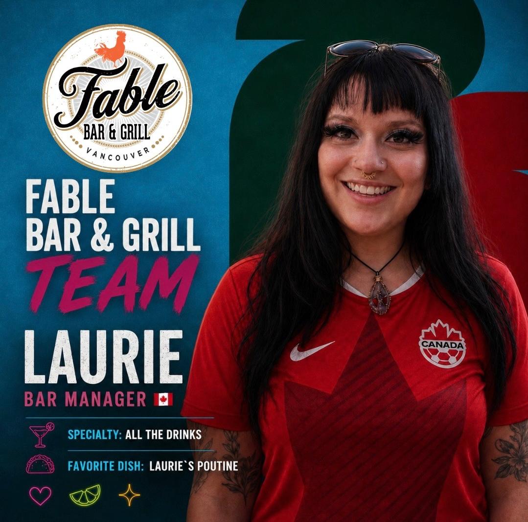 Laurie, bar manager at Fable Bar and Grill, wearing a Canada jersey