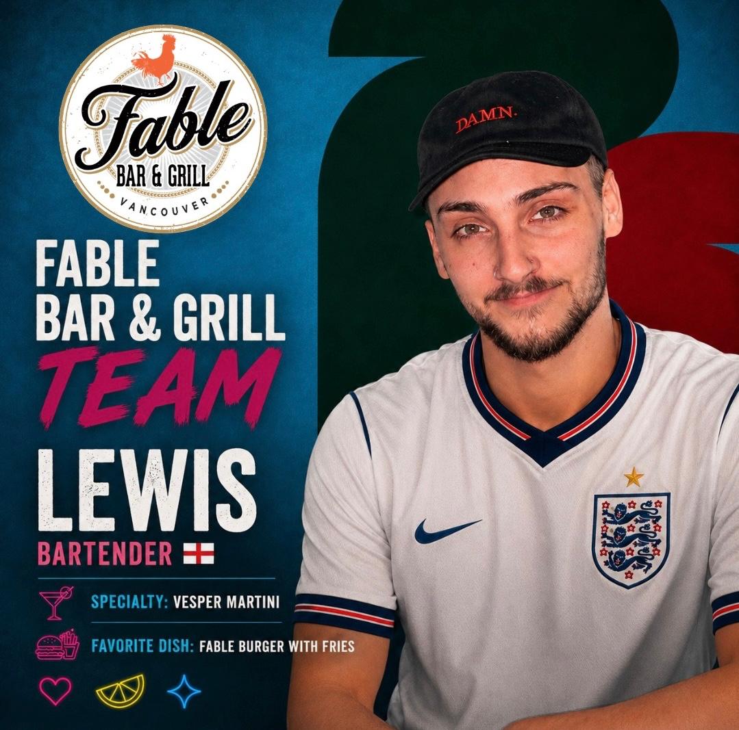 Lewis, bartender at Fable Bar and Grill, wearing an England jersey
