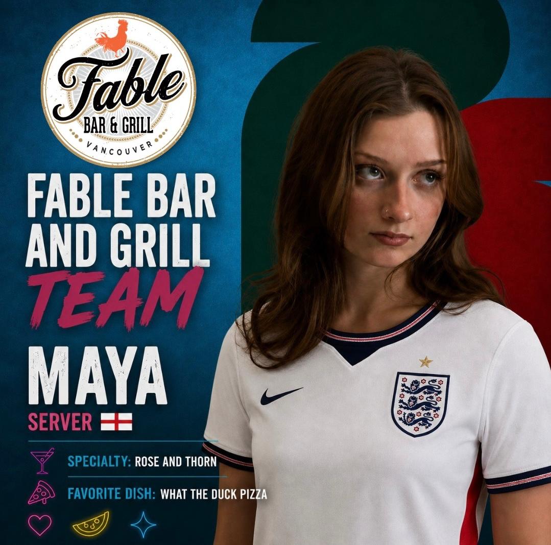 Maya, server at Fable Bar and Grill, wearing an England jersey