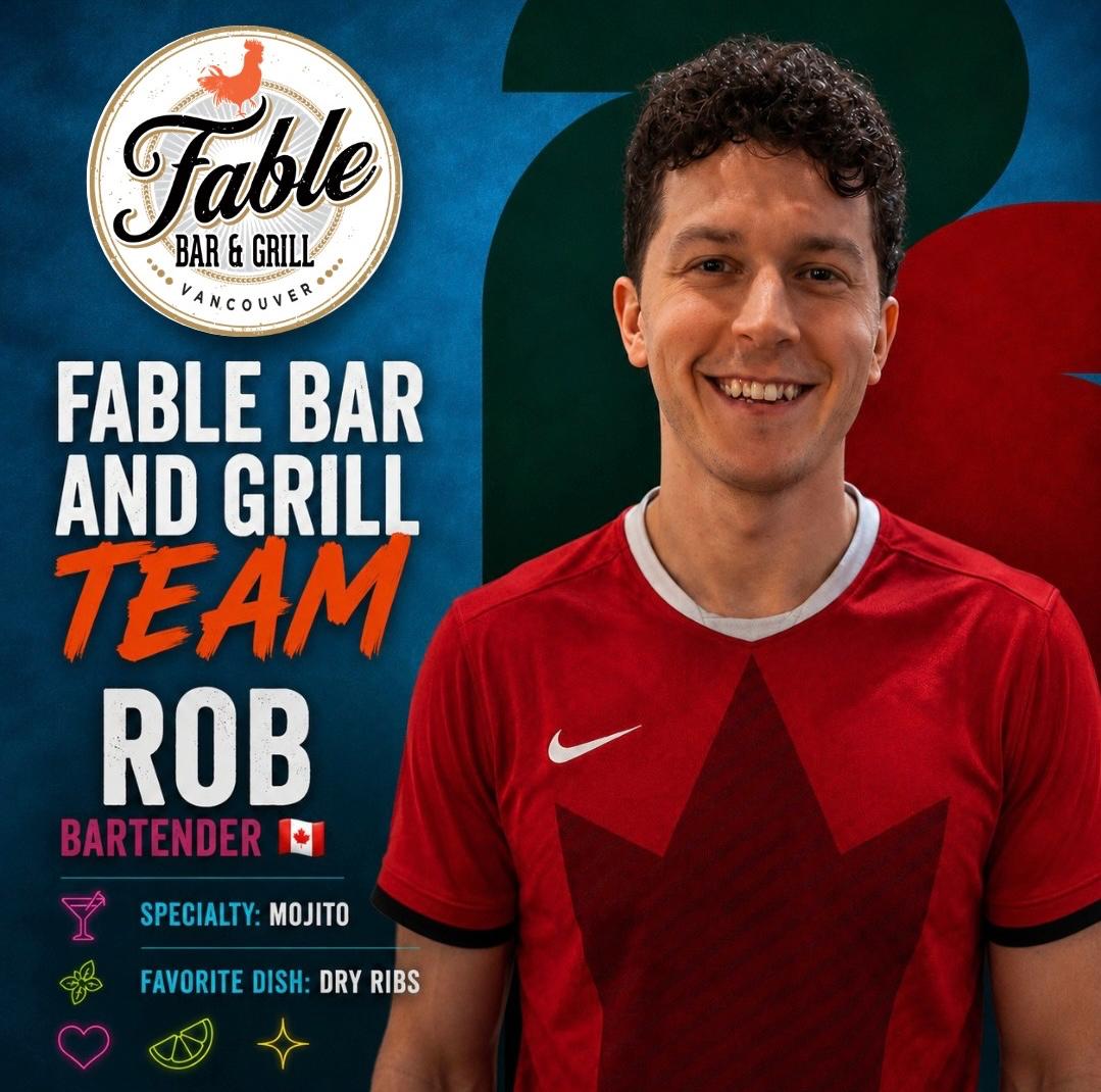 Rob, bartender at Fable Bar and Grill, wearing a Canada jersey