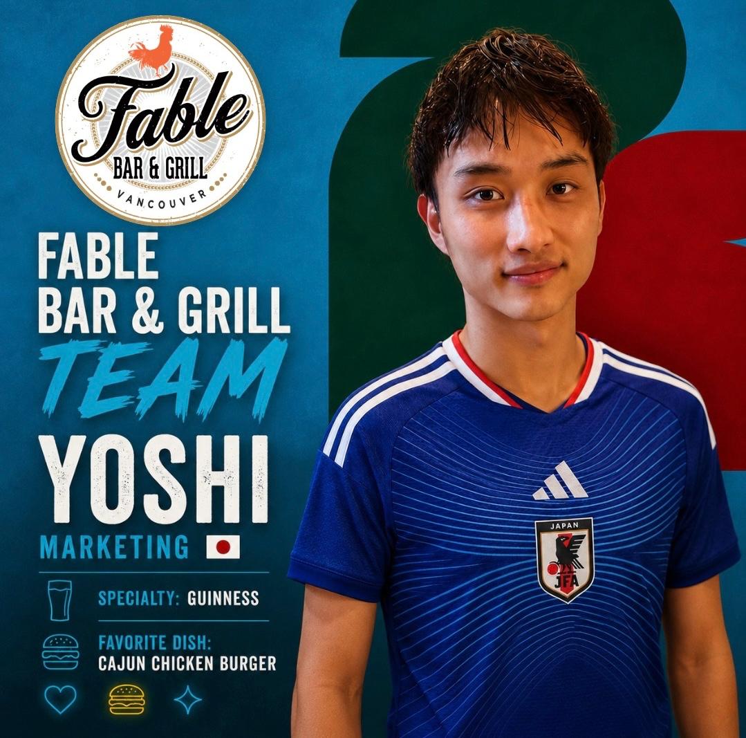 Yoshi, marketing at Fable Bar and Grill, wearing a Japan jersey